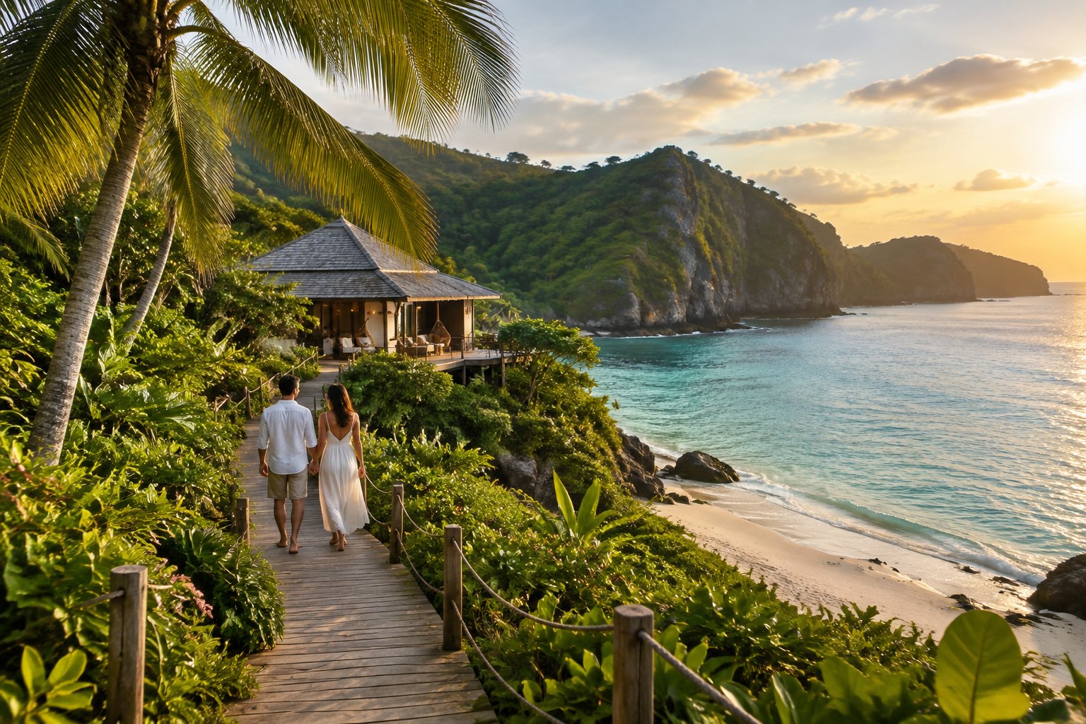 A couple walks hand in hand toward a secluded coastal cottage.