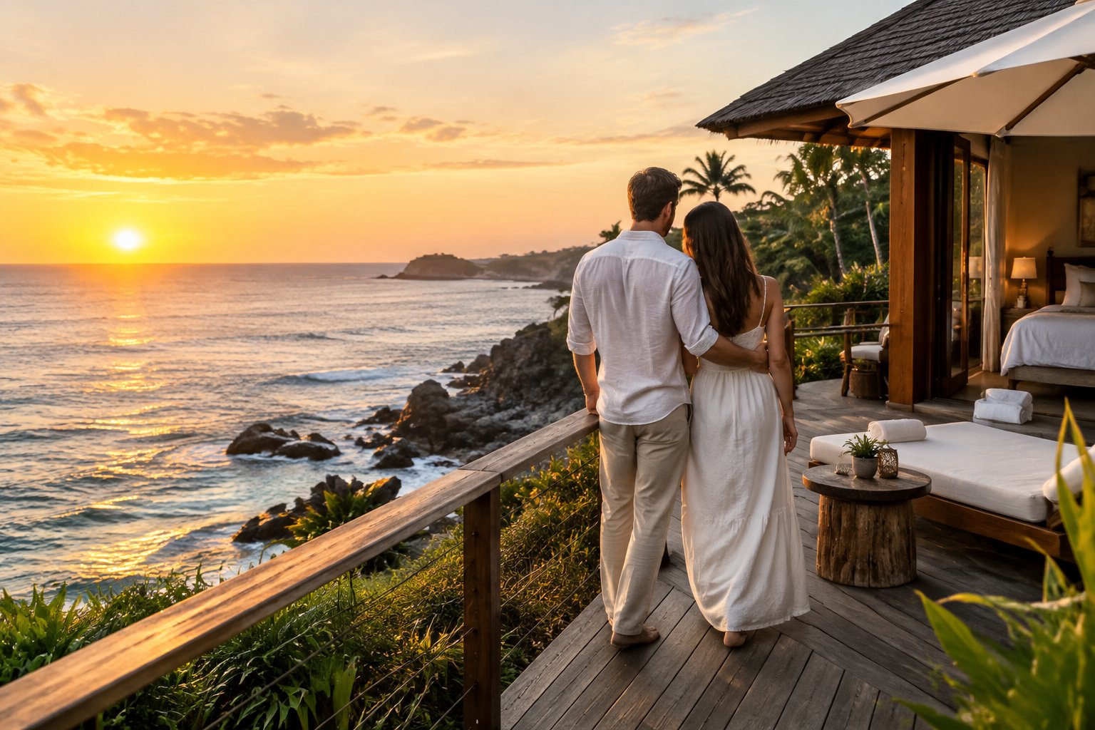 A couple stands together on a resort deck overlooking the ocean.