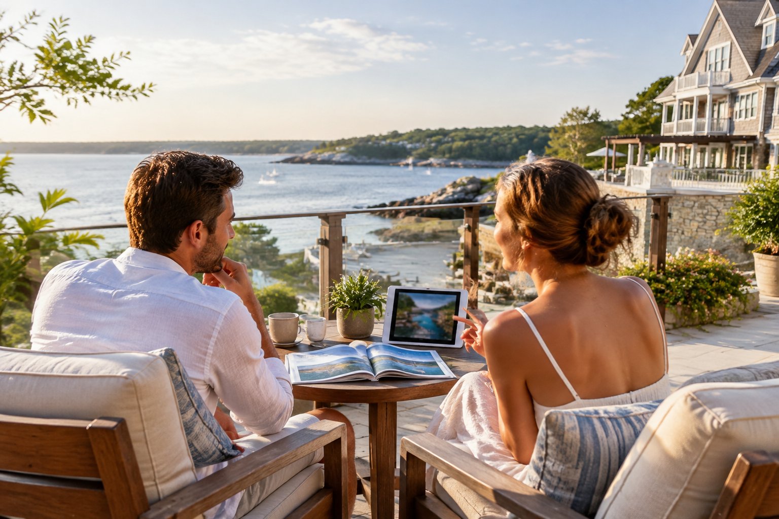 A couple considers resort options on a terrace overlooking a coastal bay.