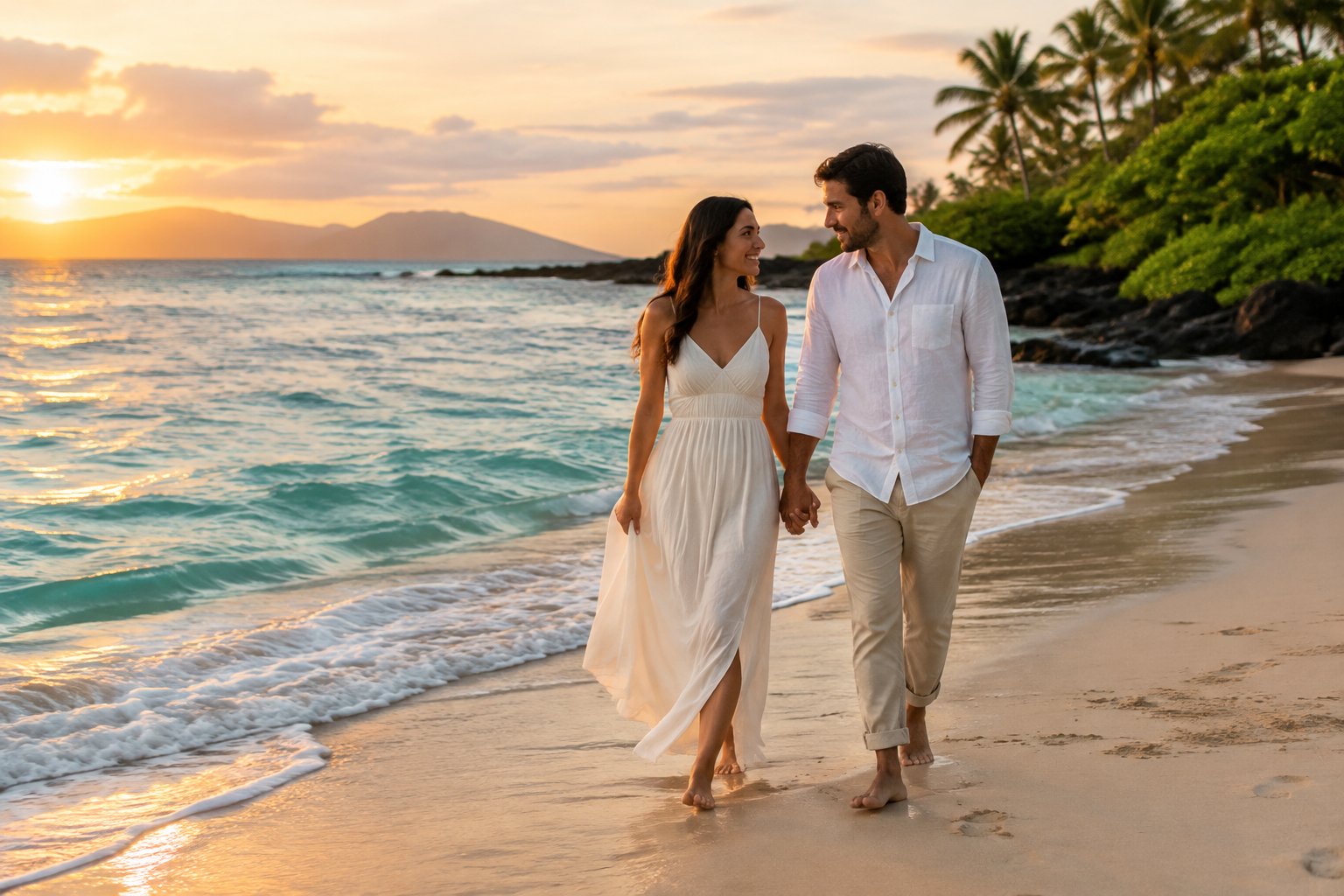 A newlywed couple walks hand in hand along a tropical beach.