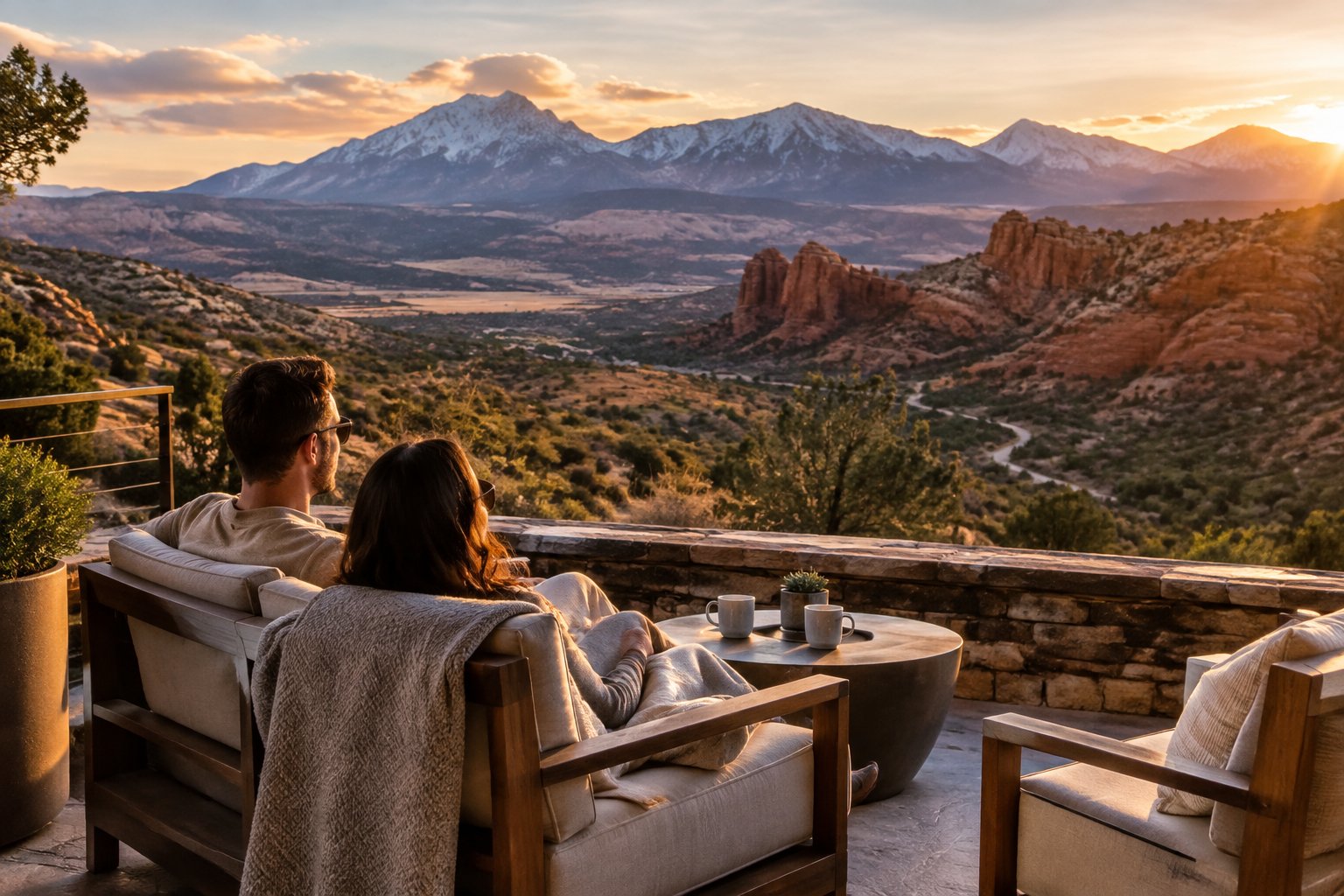 A couple relaxes on a resort terrace overlooking mountains and desert scenery.