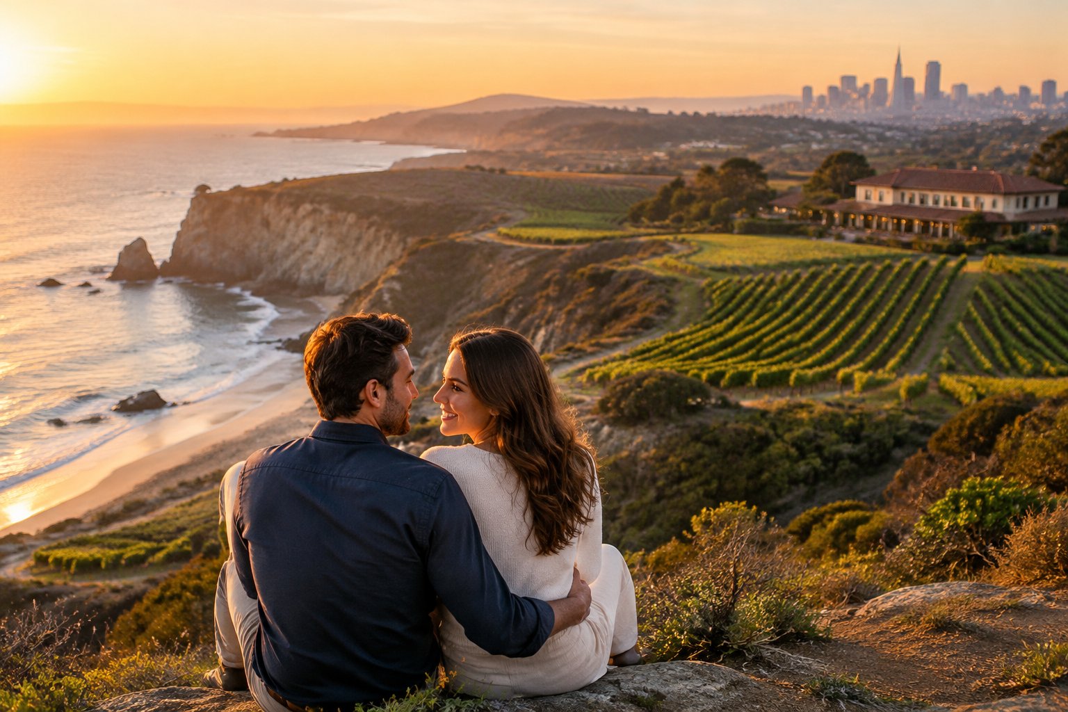 A couple shares a romantic moment overlooking a coast, vineyards, and a distant city skyline.