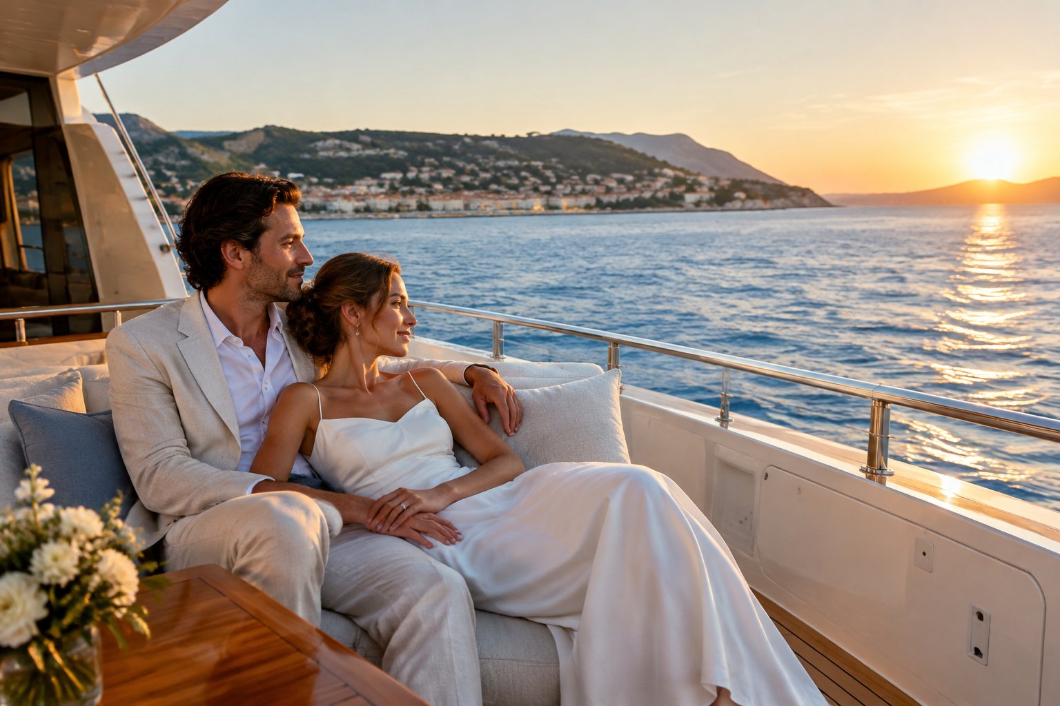 A newlywed couple relaxes together on a yacht overlooking the sea.