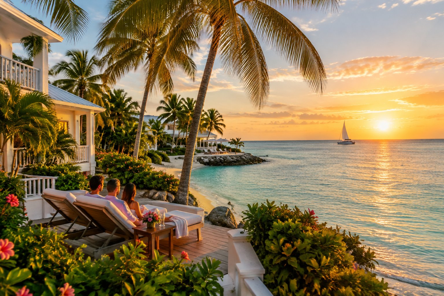 A couple relaxes beside the ocean at a tropical Key West resort.