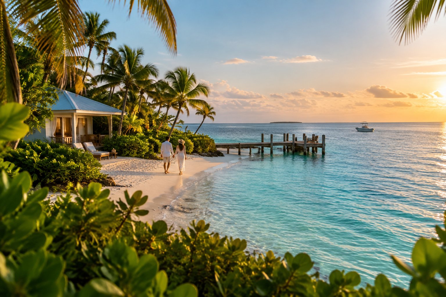 A couple walks along a secluded tropical beach beside a private island resort.
