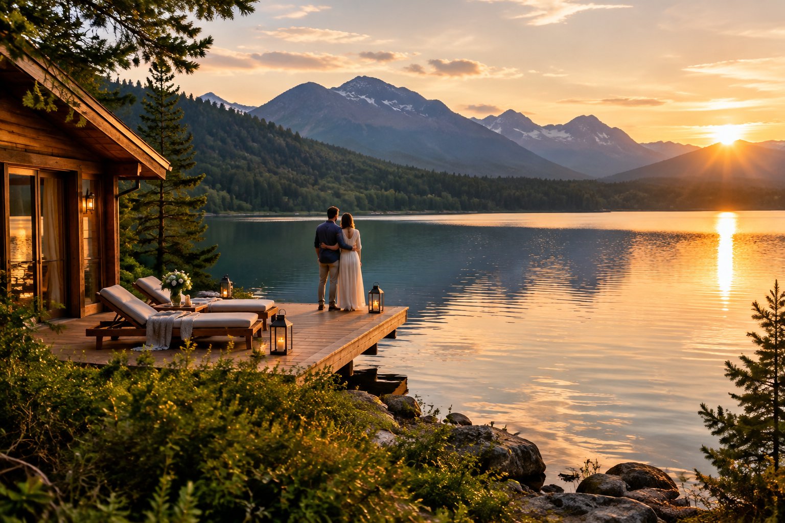 A couple stands on a resort deck overlooking a calm lake and distant mountains.