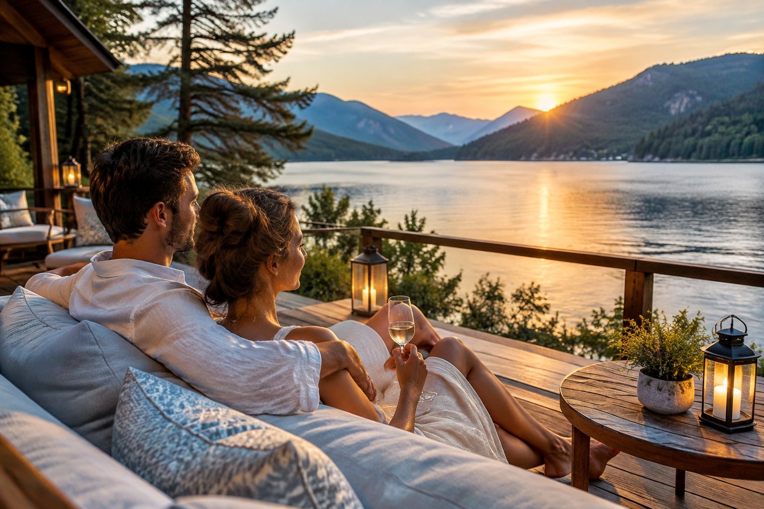 A couple sits on a wooden terrace overlooking a lake and forested mountains.