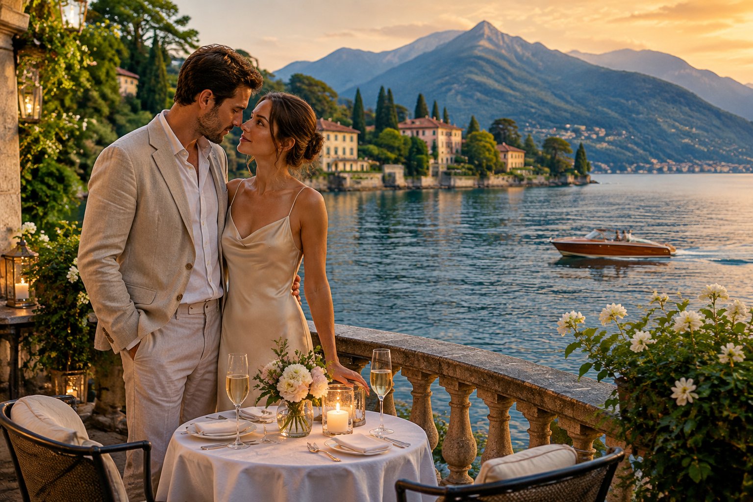 A couple shares a romantic moment on a terrace overlooking Lake Como.