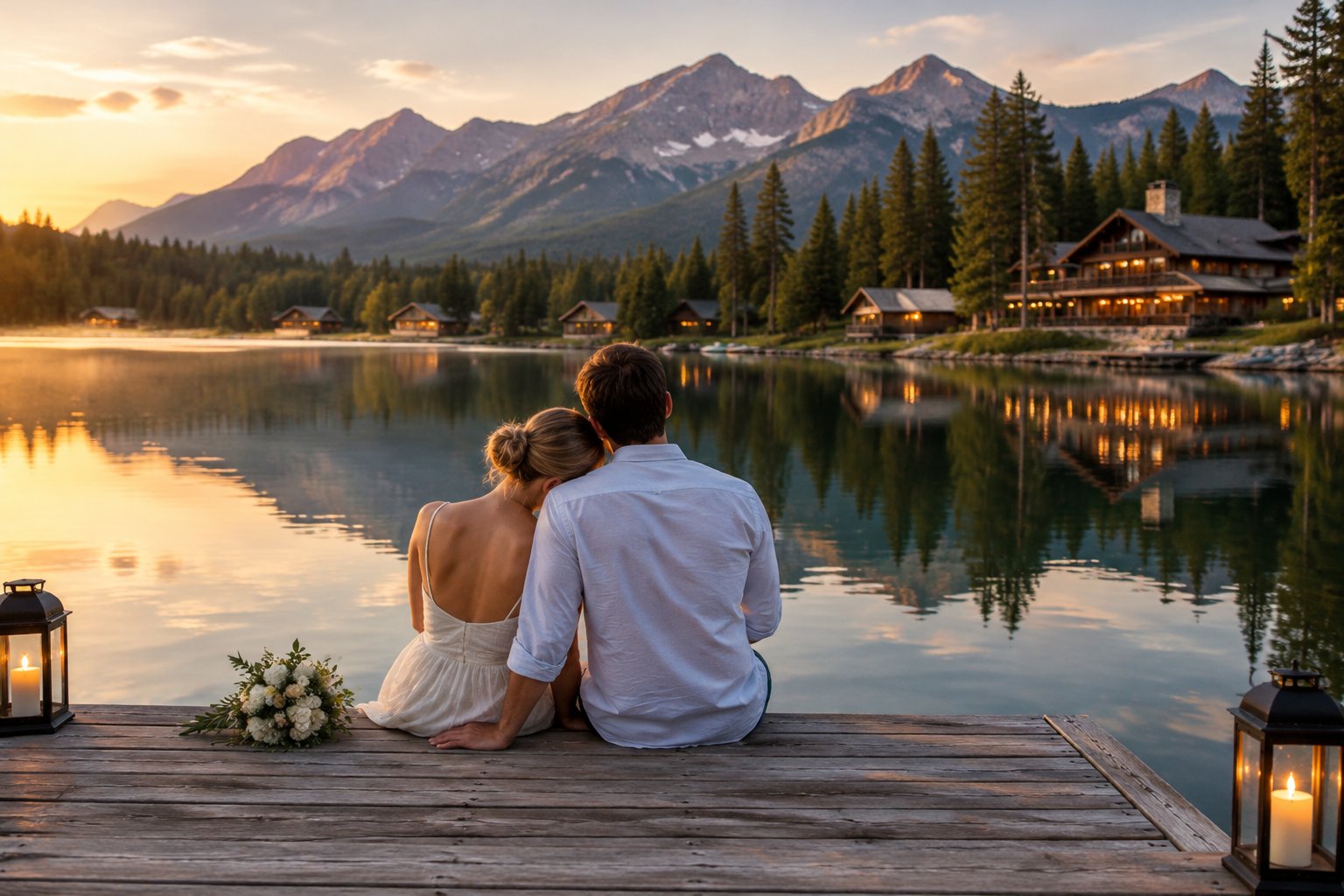A newlywed couple sits together on a dock overlooking a mountain lake and lakeside resort.