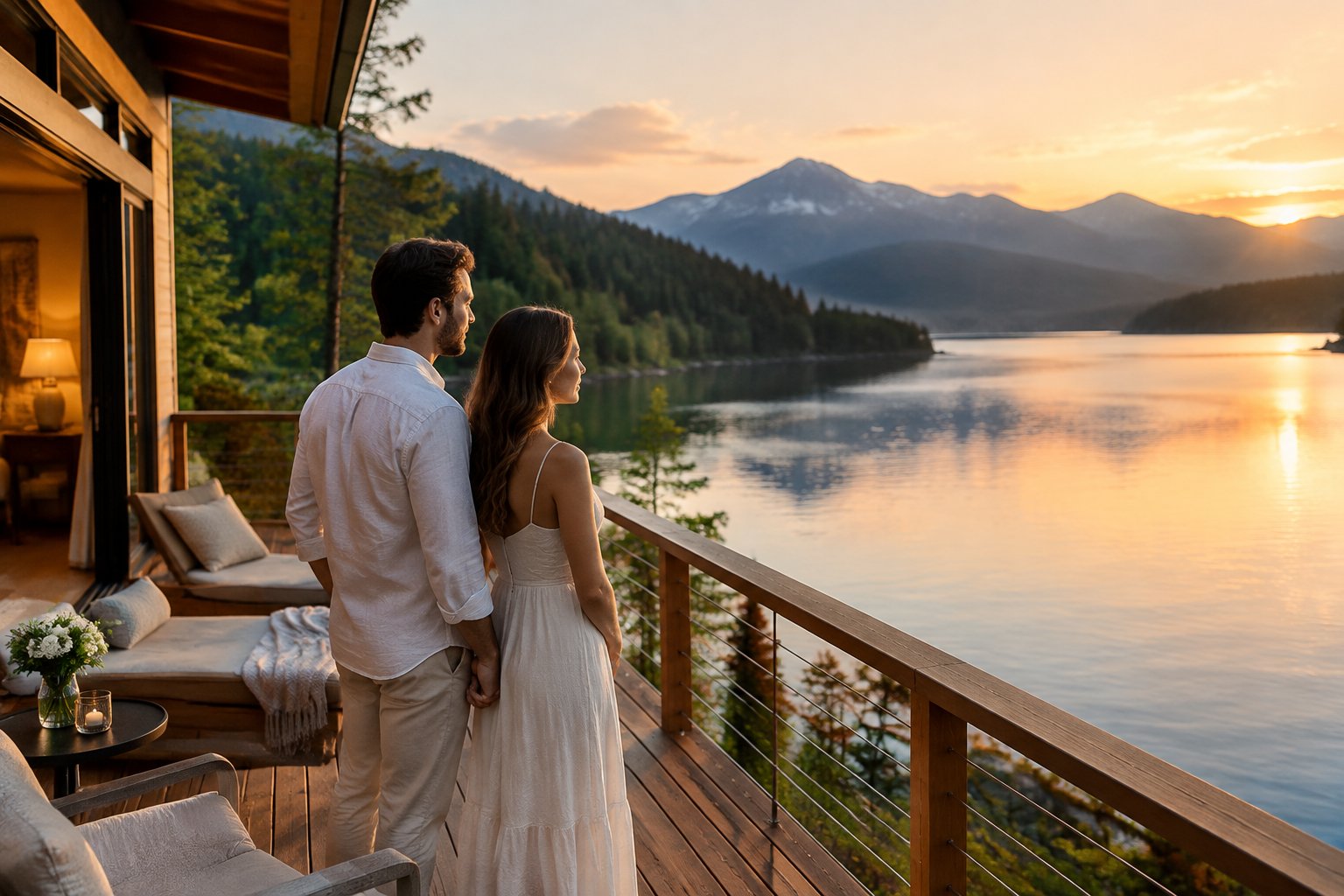 A couple stands together on a resort balcony overlooking a calm mountain lake.