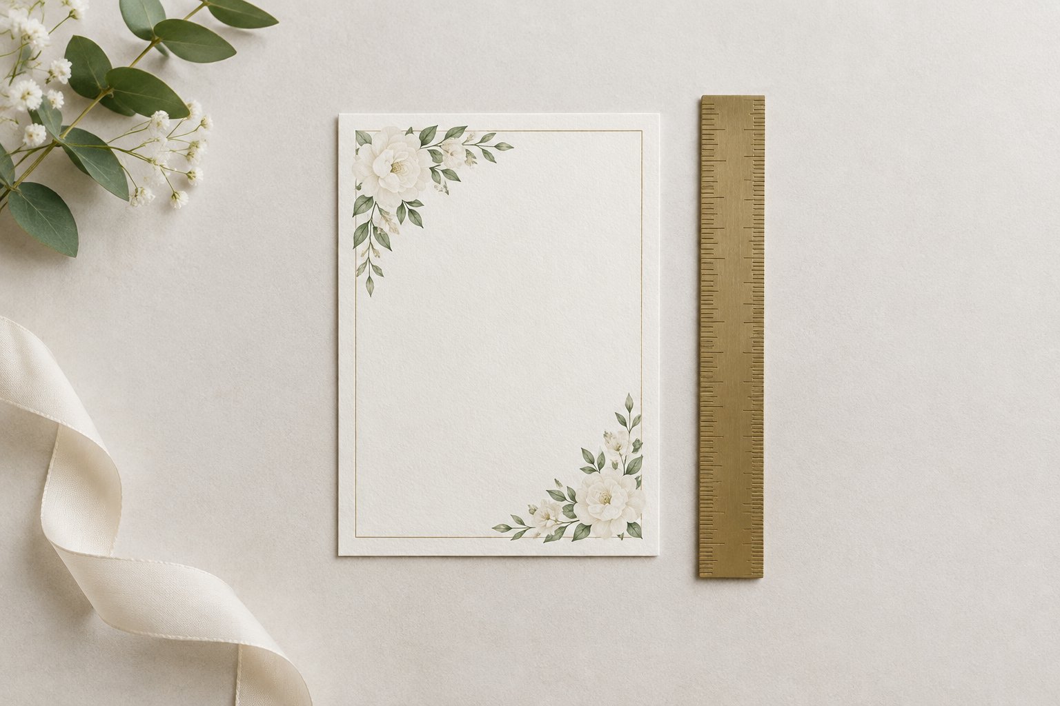 A wedding invitation card beside a ruler on a light tabletop.