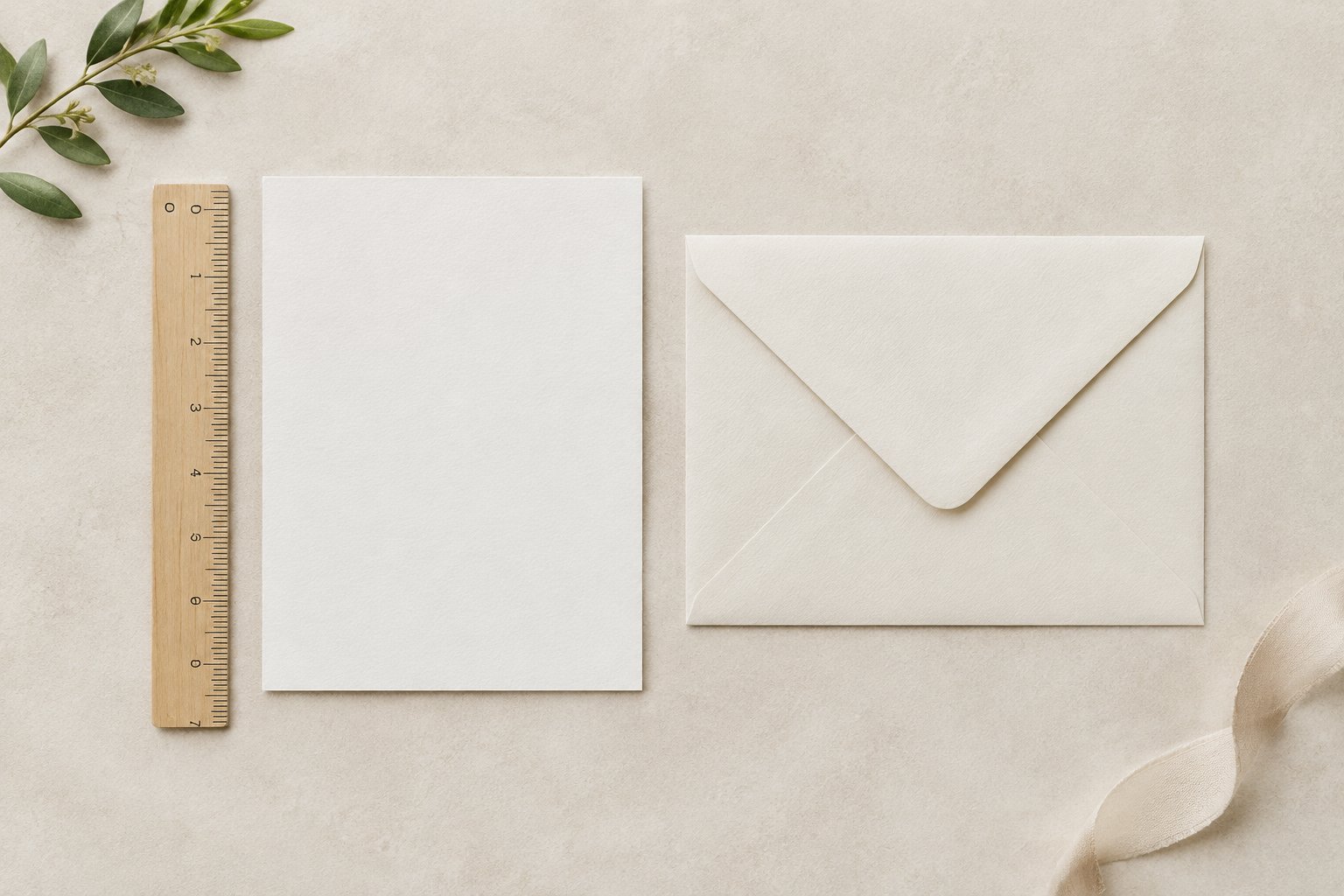 A blank wedding invitation card beside an envelope and ruler.