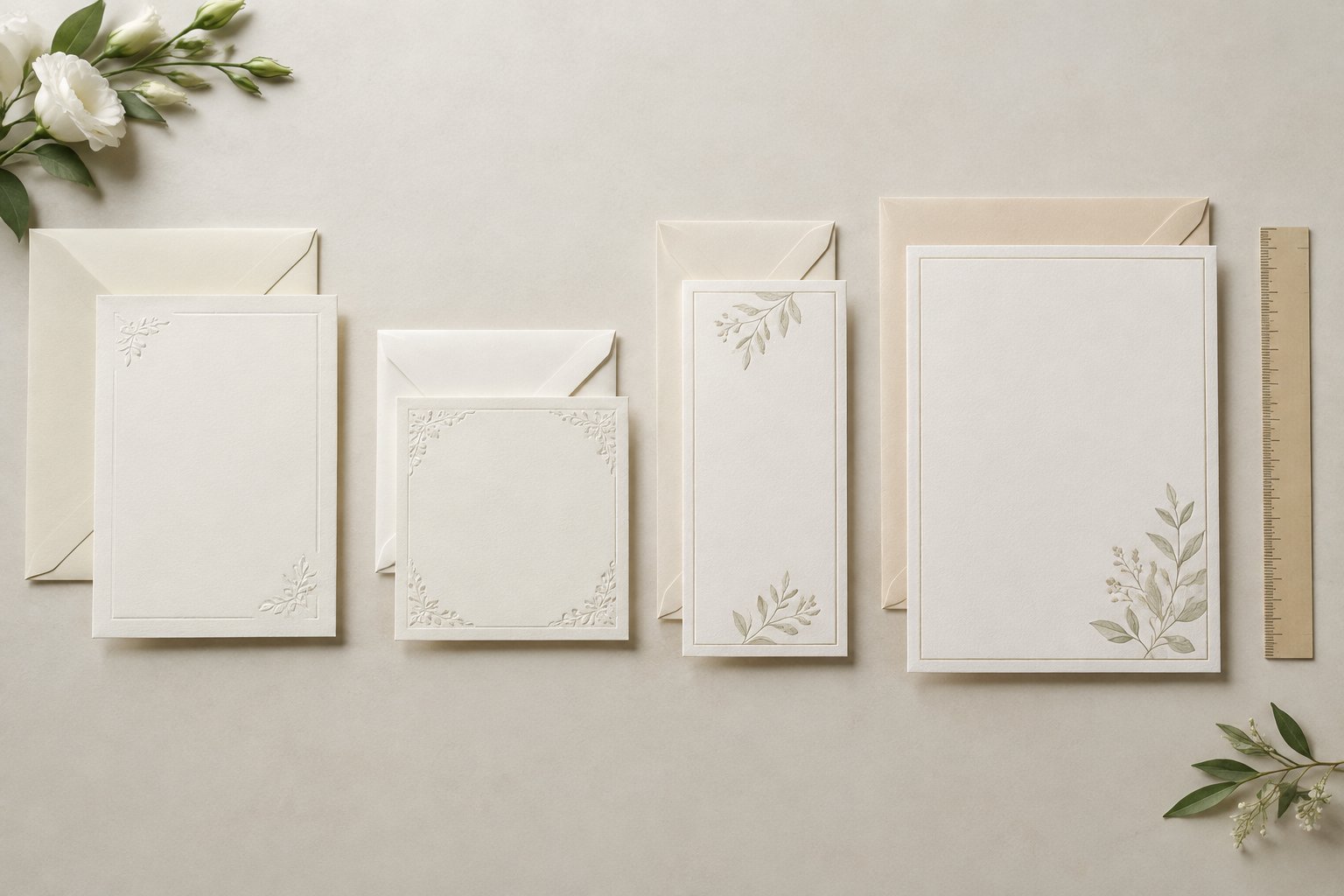 Wedding invitations in several sizes arranged beside a measuring guide.