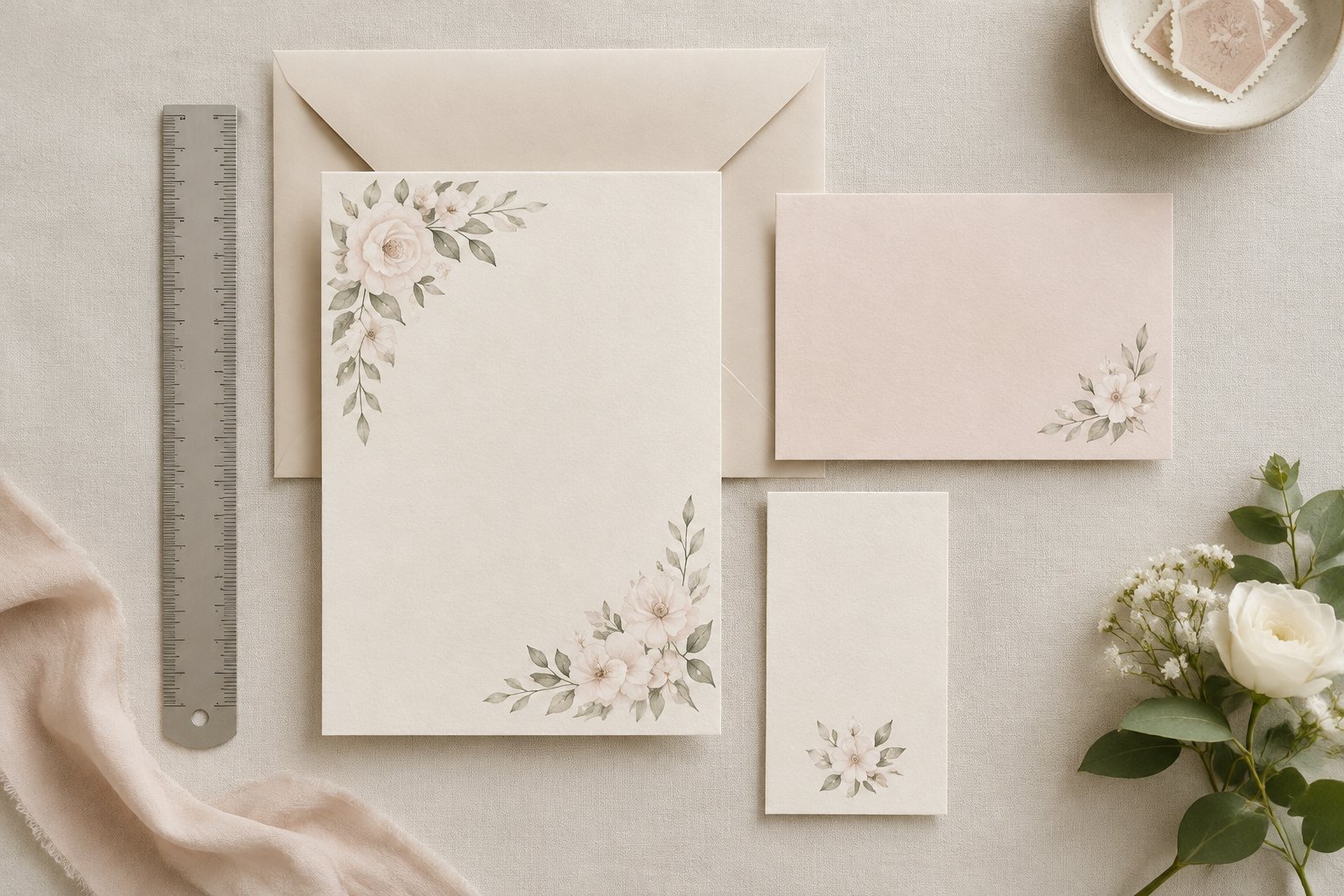 A wedding invitation, RSVP card, and details card arranged beside a ruler.