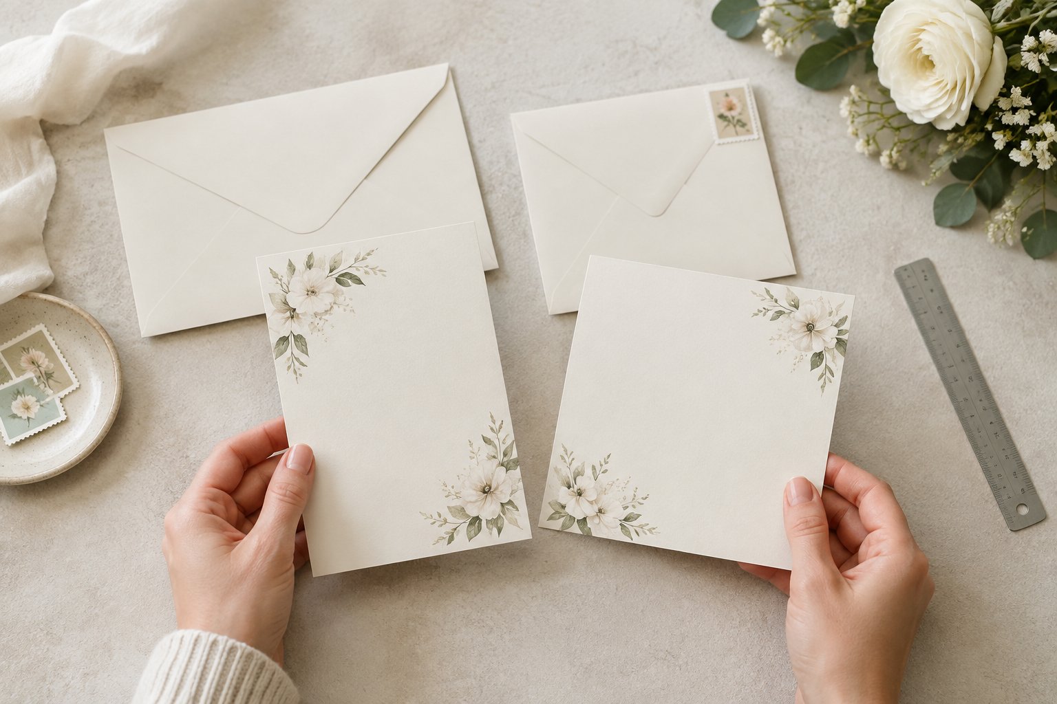 Hands compare wedding invitations and envelopes beside a postage stamp and small scale.