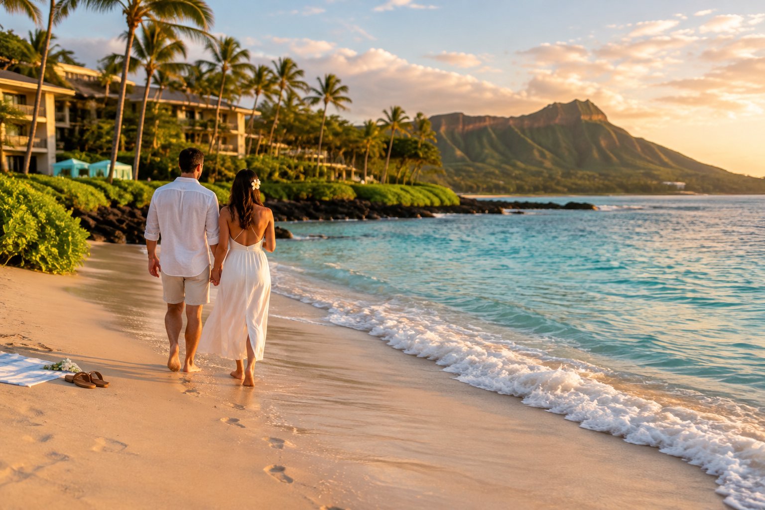 A couple walks along a tropical beach beside an Oahu resort.