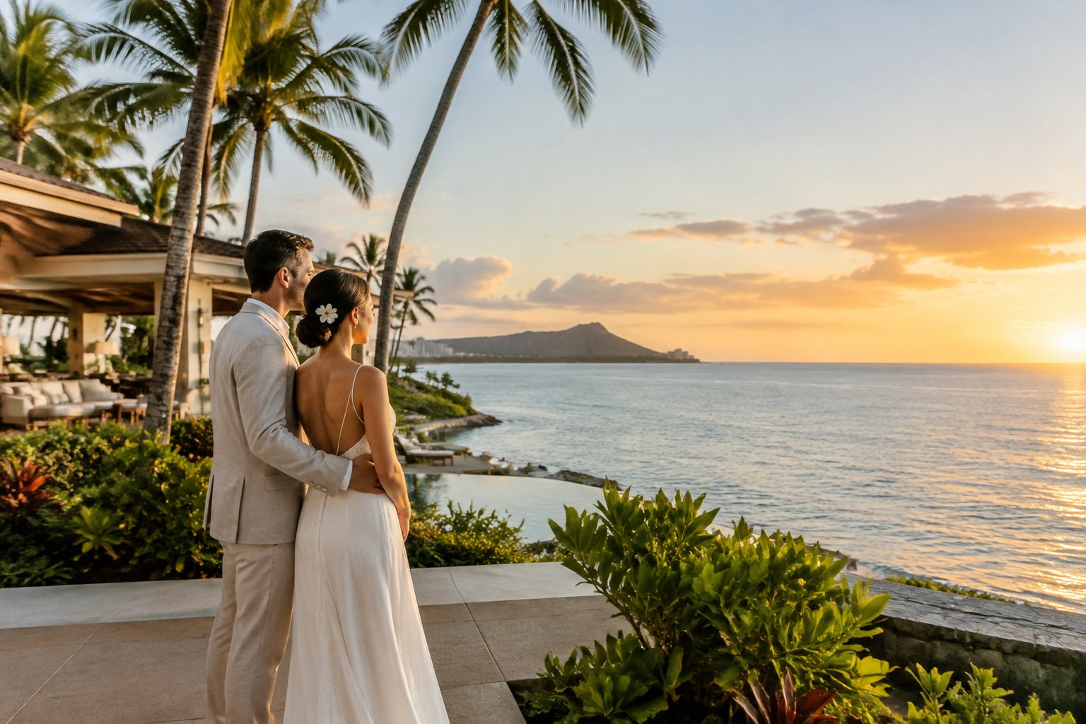 A couple stands together at a beachfront resort overlooking the ocean.