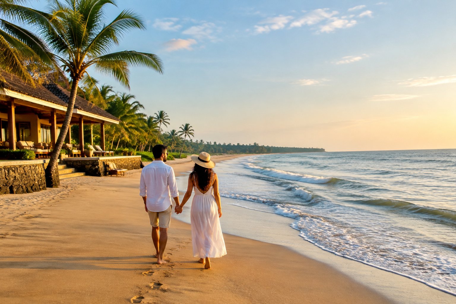 A couple walks hand in hand along a beach beside a coastal resort.