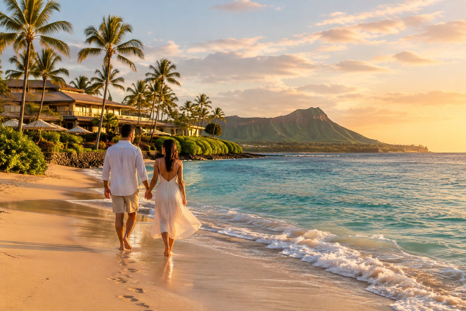 A couple walks hand in hand along a tropical Oahu beach near a resort.