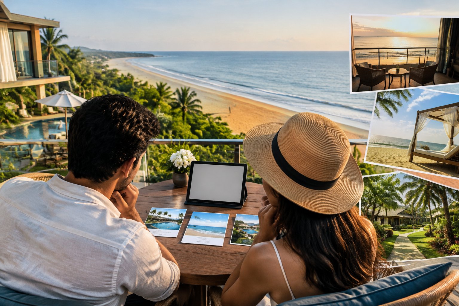 A couple compares resort options on a terrace overlooking the Cox’s Bazar beach.