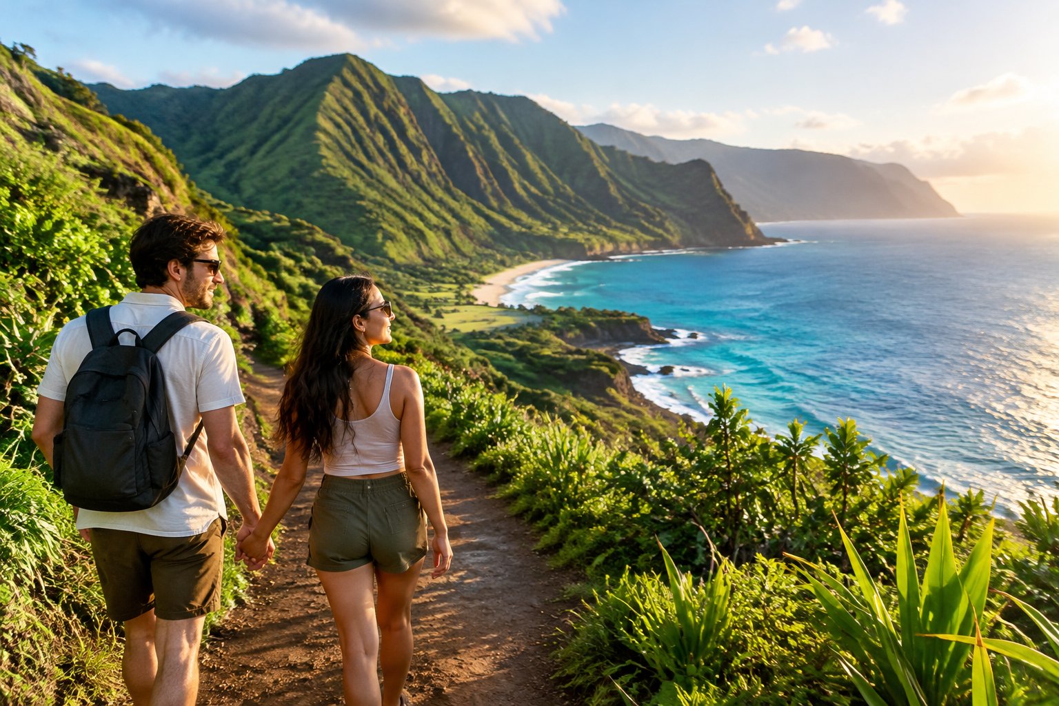 A couple walks hand in hand on a lush coastal trail overlooking the ocean.