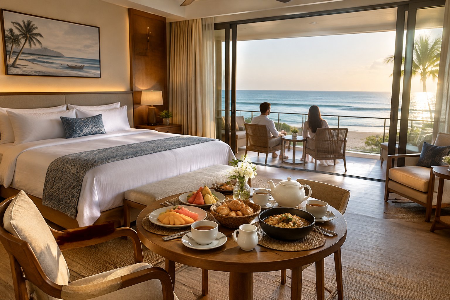 A couple shares breakfast in a bright resort suite overlooking the sea.