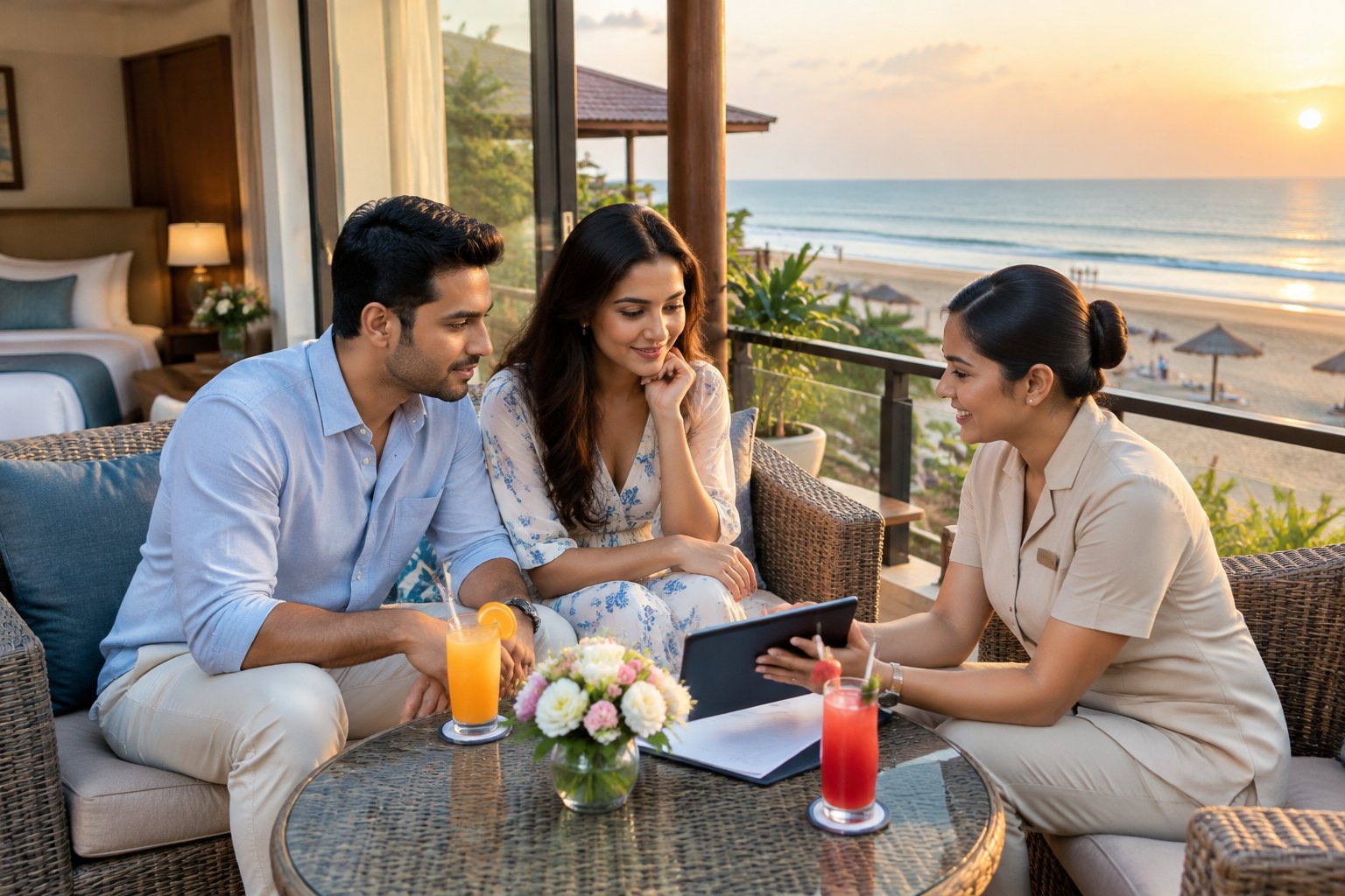 A couple reviews booking details with a resort representative on a beachfront terrace.
