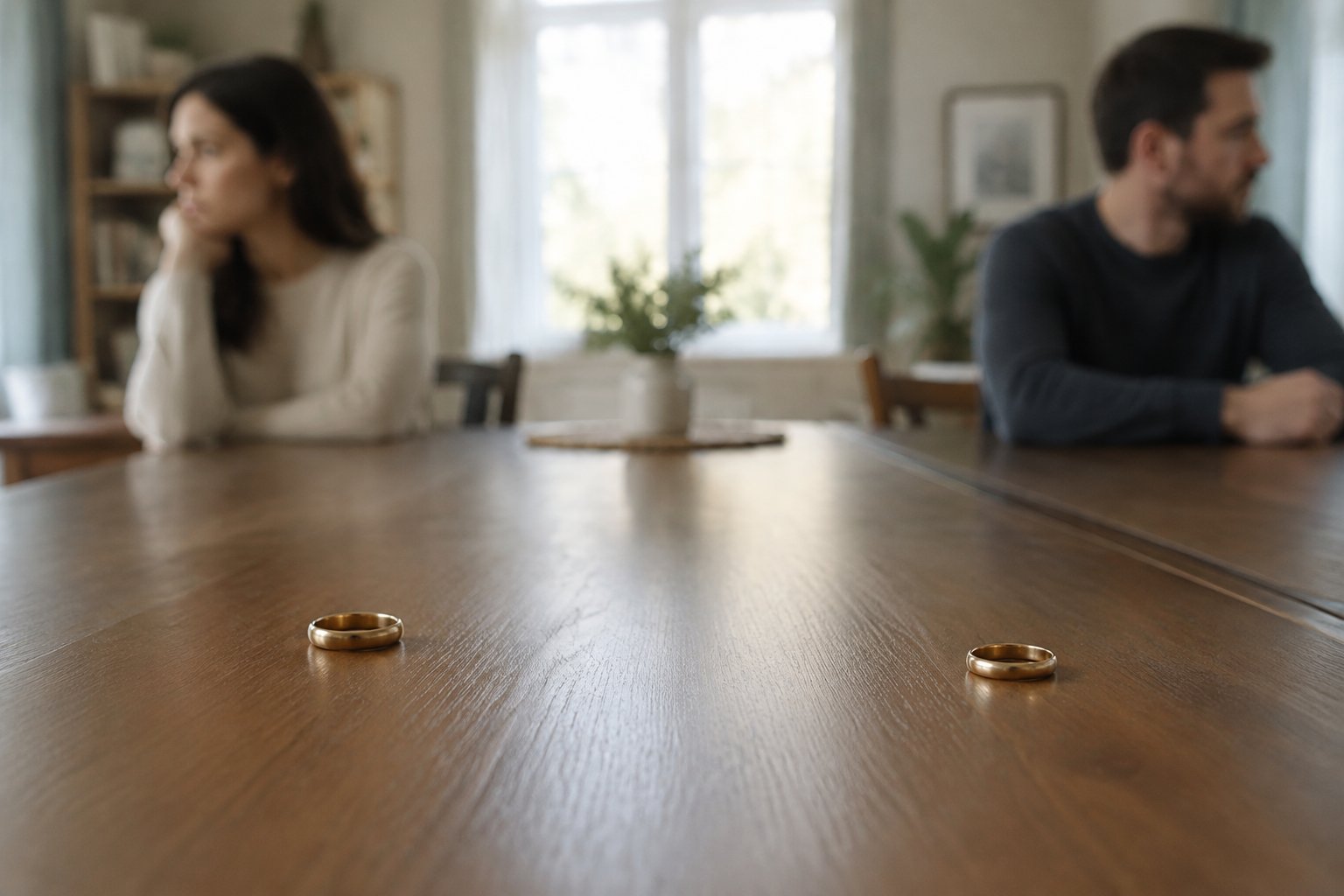 A couple sits apart at a table with two wedding rings between them.