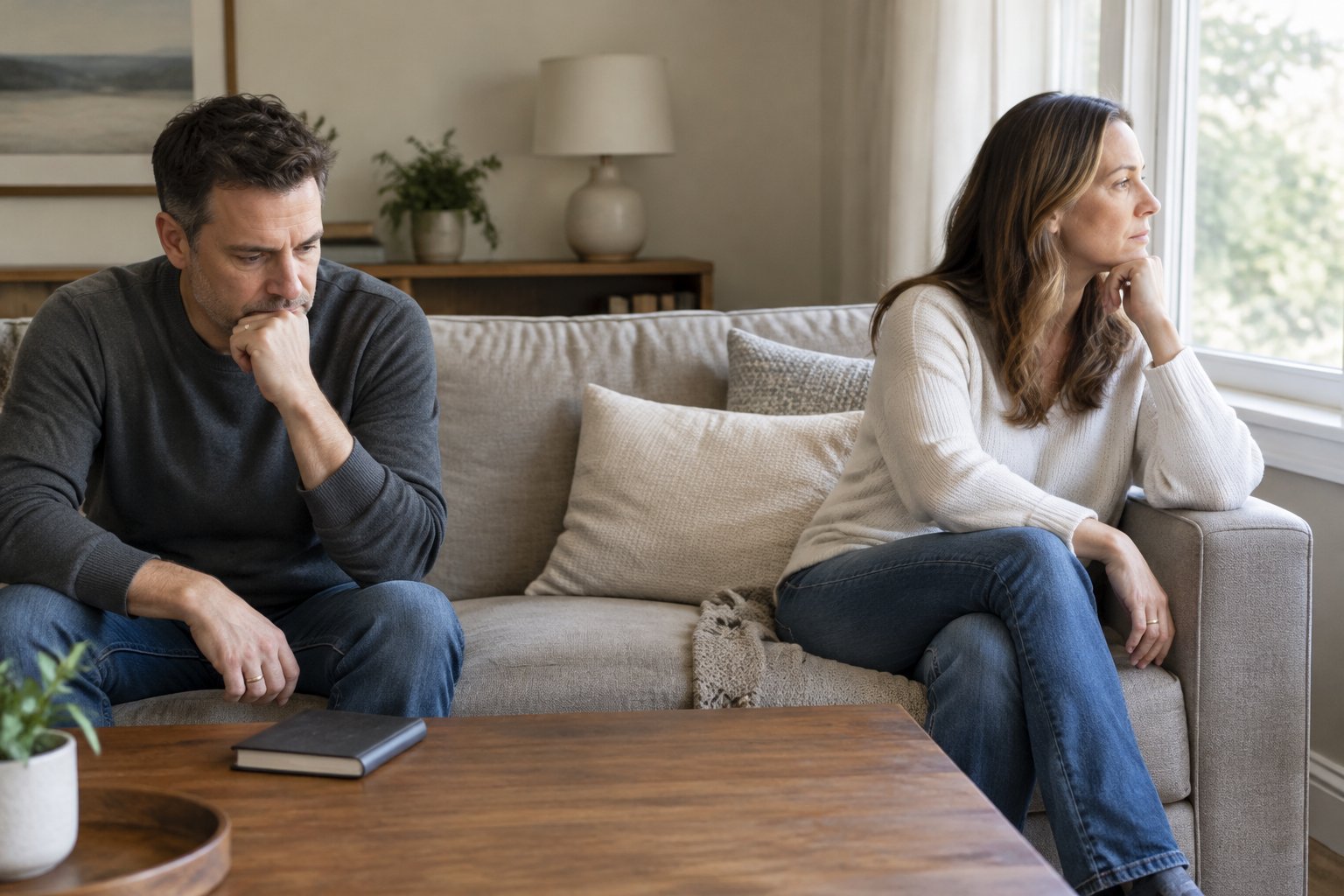 A married couple sits quietly apart on a sofa in their living room.
