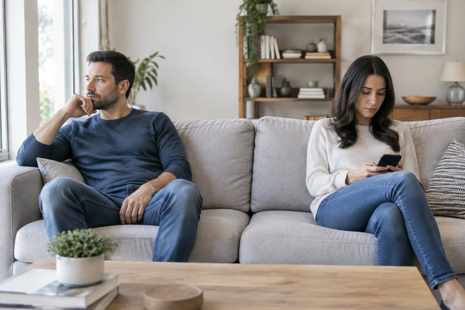 A married couple sits apart on a sofa, with one partner looking at a phone.
