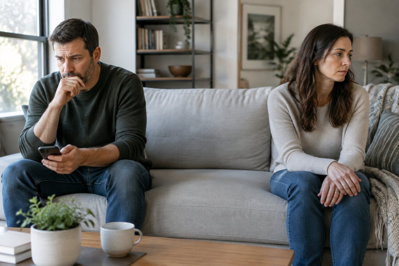 A married couple sits apart on a sofa, each looking thoughtful.