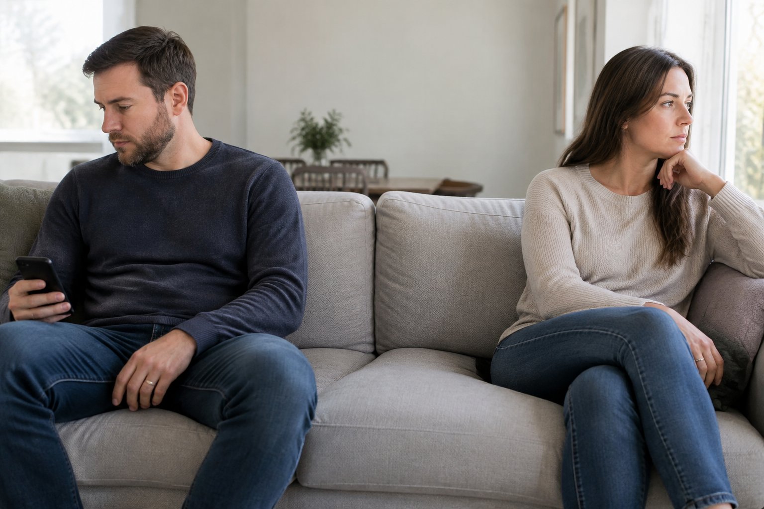 A married couple sits apart on a sofa, with one partner holding a phone.