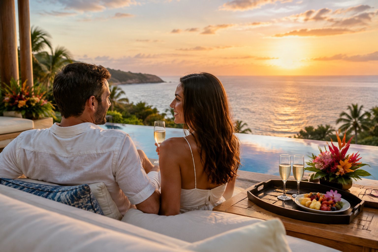 A couple relaxes on a resort terrace overlooking the ocean at sunset.