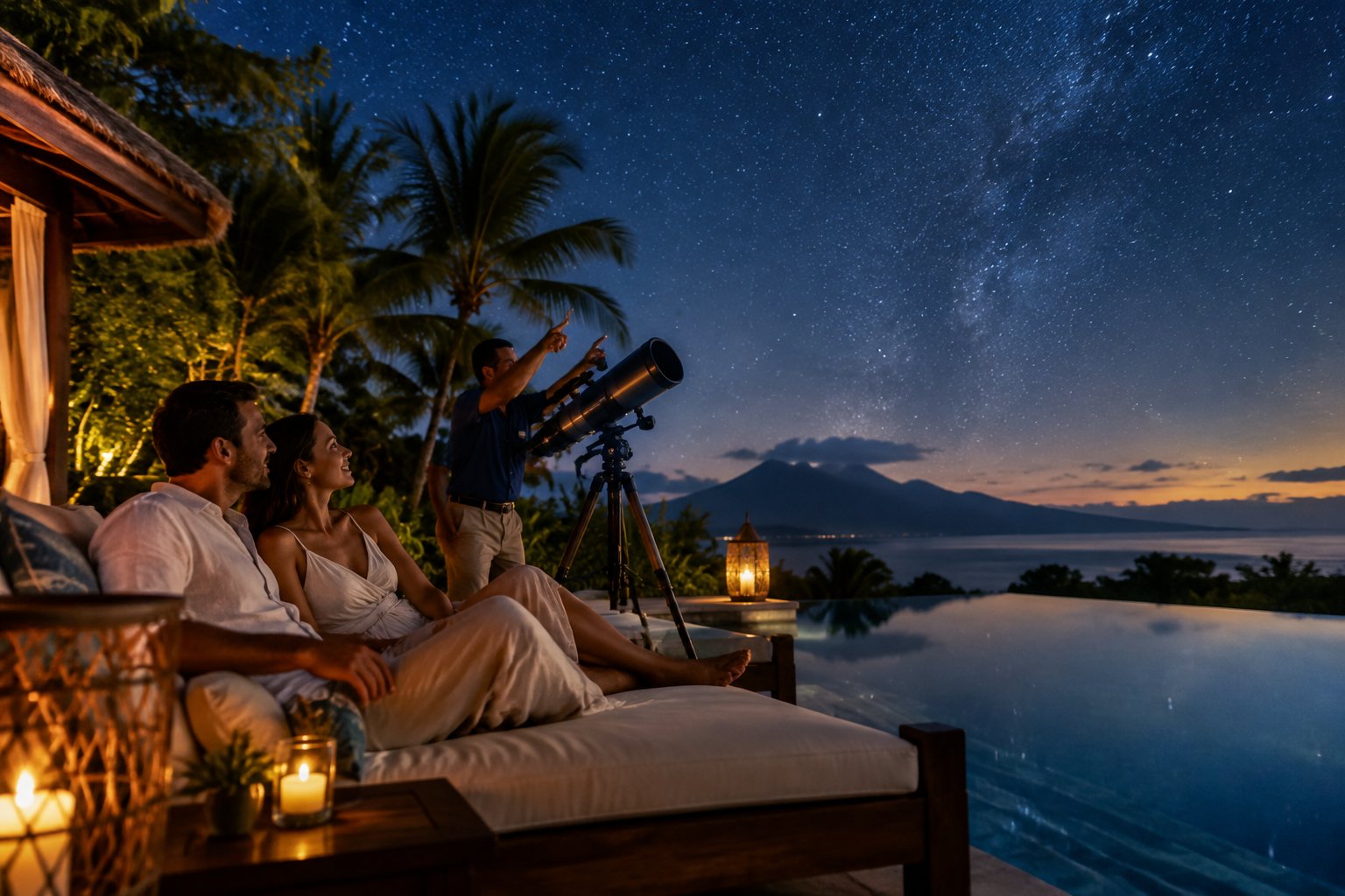 A newlywed couple stargazes beside an infinity pool at a tropical resort.