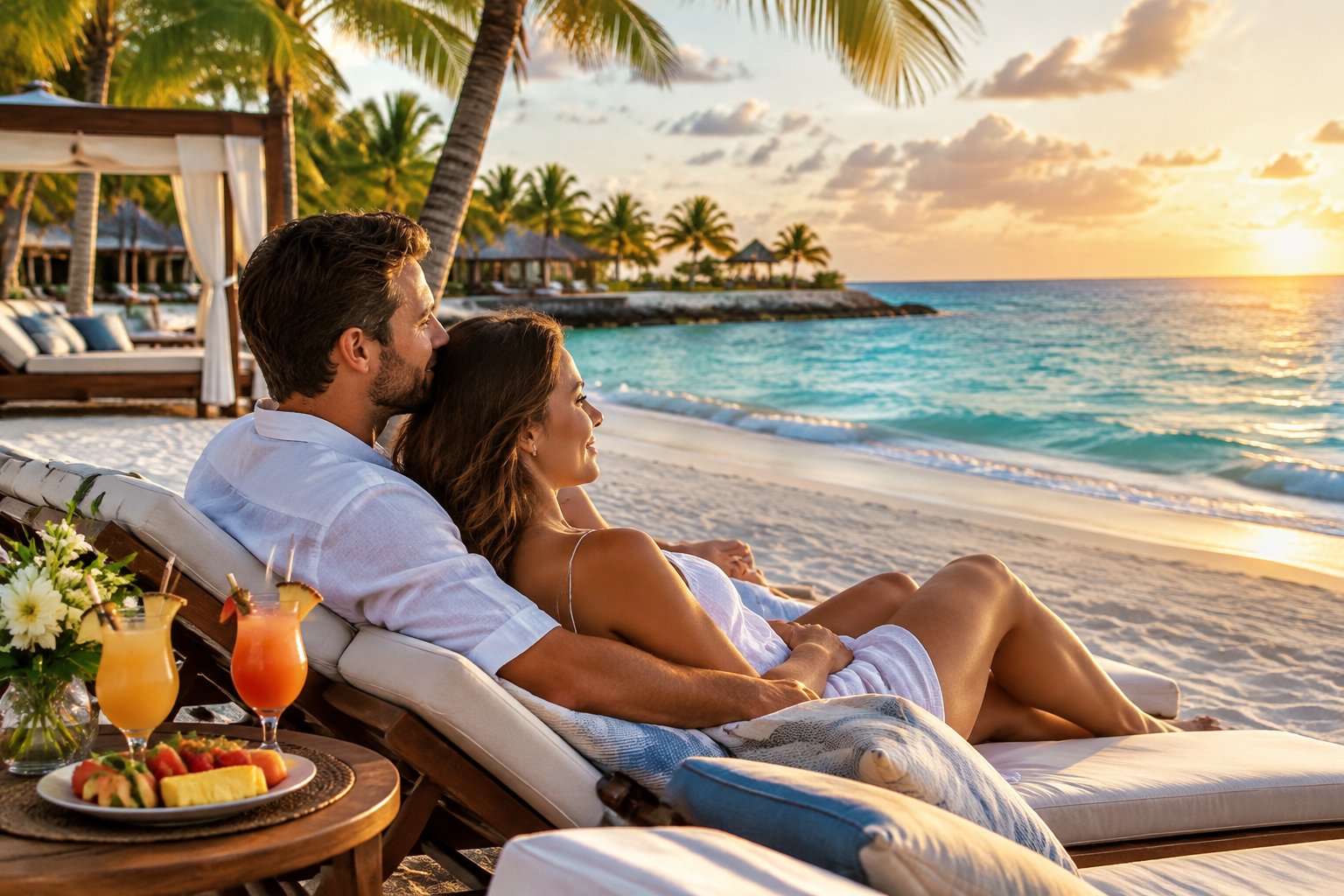 A newlywed couple relaxes together on a tropical beach beside a resort.