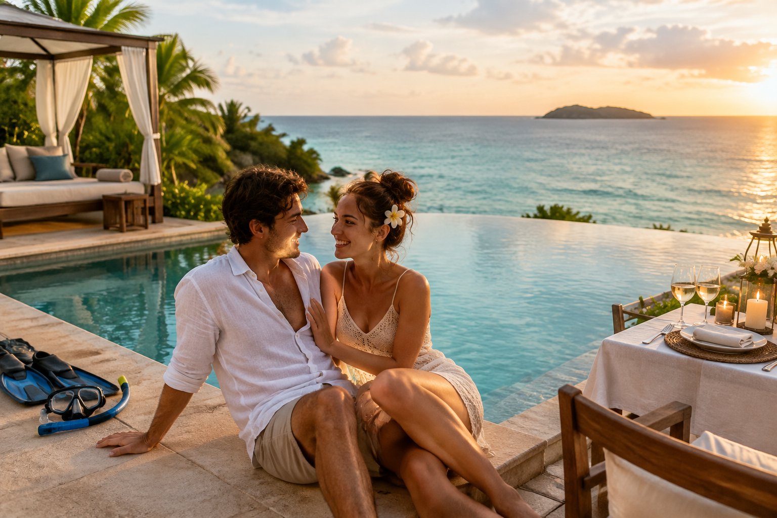 A newlywed couple enjoys a tropical resort beside an infinity pool and ocean.