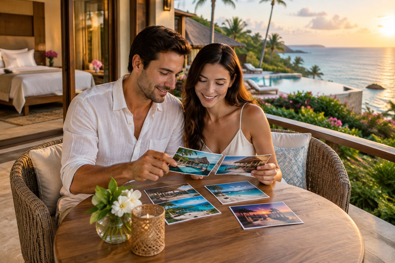 A newlywed couple compares resort options on a private terrace overlooking the ocean.