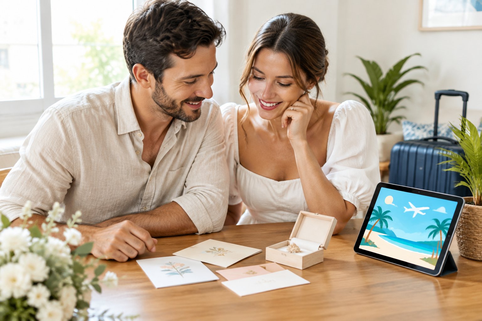 A newlywed couple reviews wedding cards and travel plans together at a table.