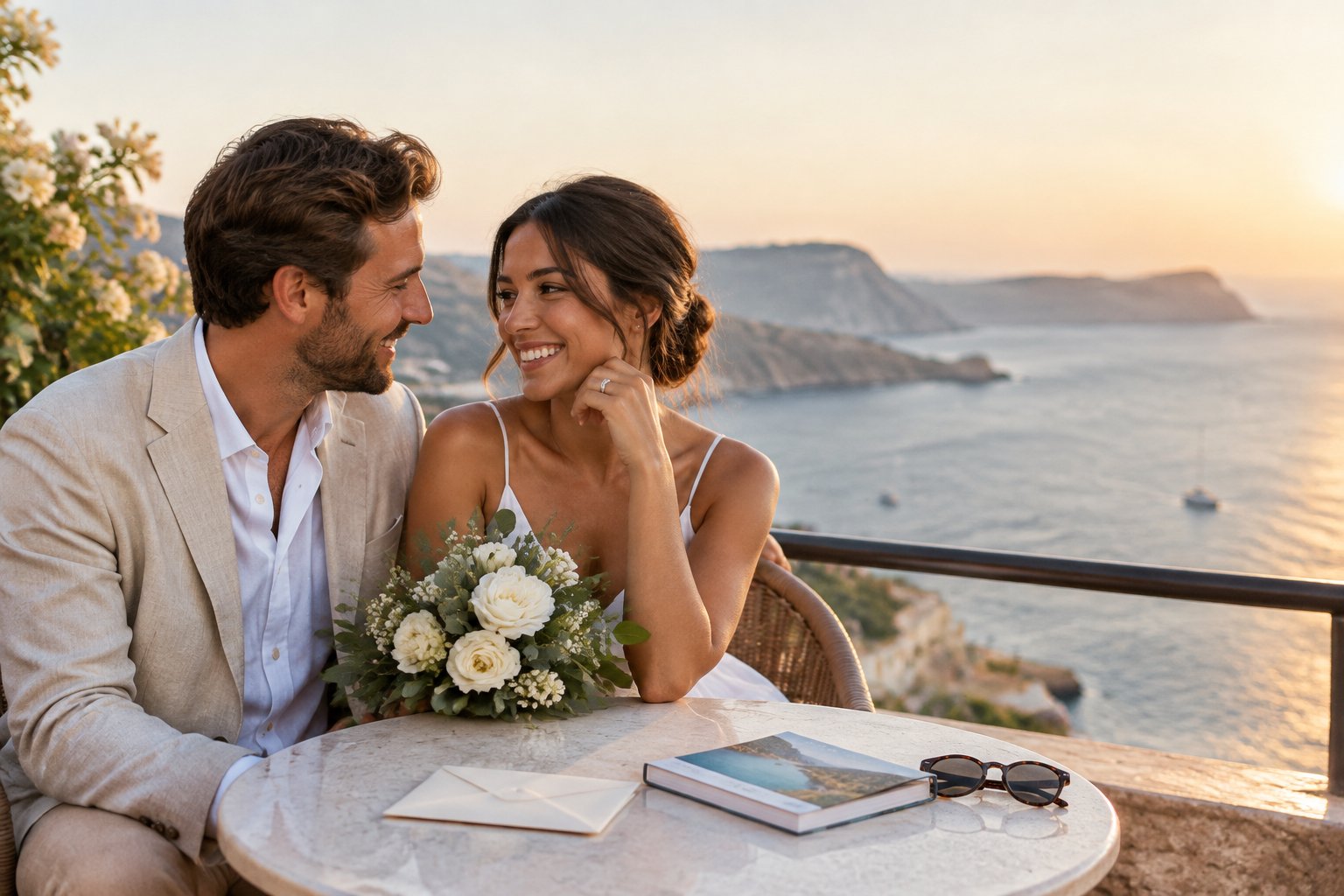 A newly married couple shares a happy moment at a seaside café.