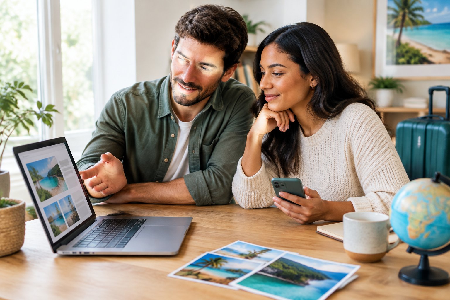 A couple discusses honeymoon plans while looking at a laptop and phone.