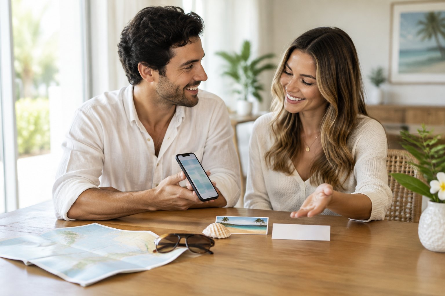 An engaged couple discusses honeymoon plans at a table with a smartphone and travel keepsakes.