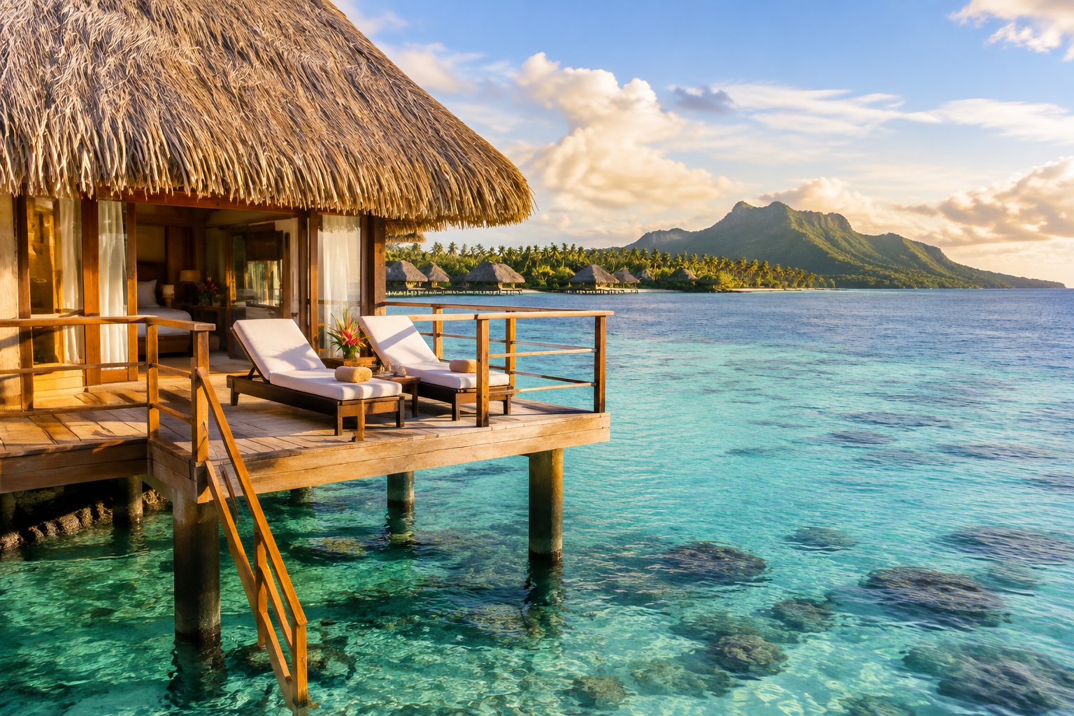 An overwater bungalow and private deck sit above a turquoise lagoon in Fiji.