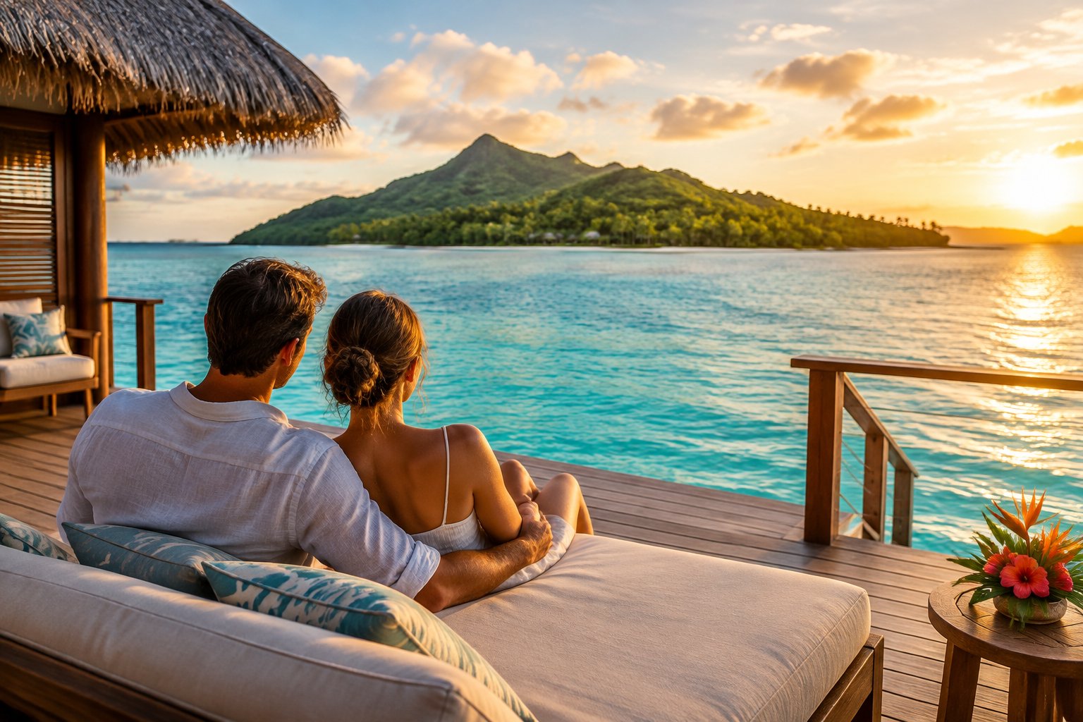 A couple stands on an overwater bungalow deck overlooking a turquoise lagoon and tropical island.