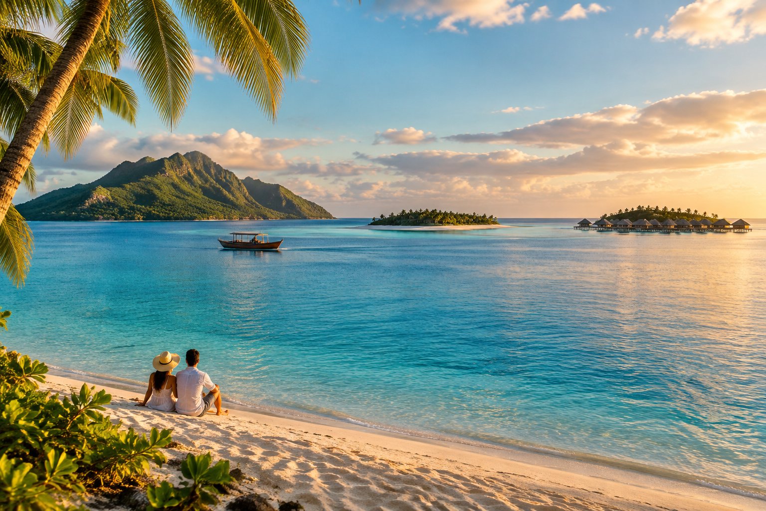 A couple looks across a turquoise lagoon toward several tropical islands.