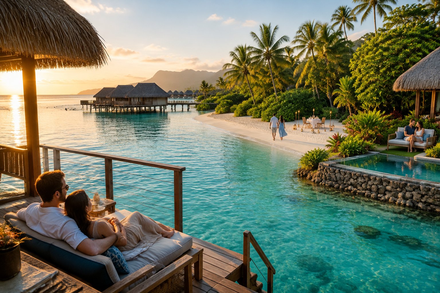 Couples relax at a tropical Fiji resort beside a turquoise lagoon.
