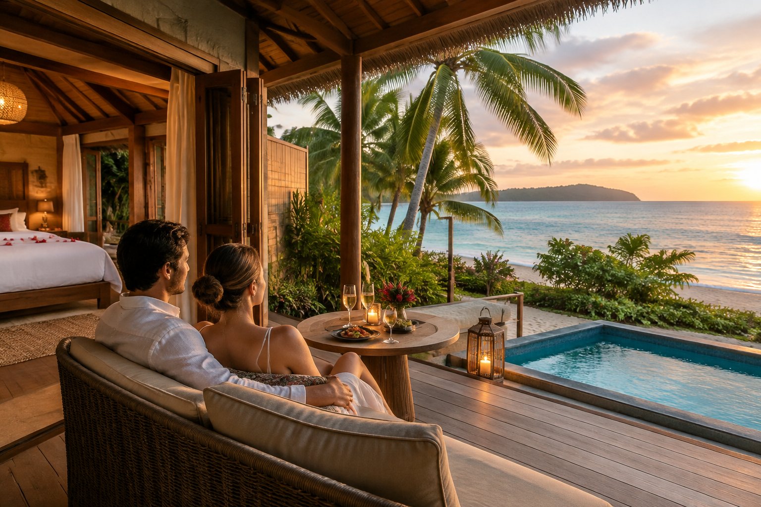 A couple relaxes on a private terrace overlooking a tropical beach in Fiji.