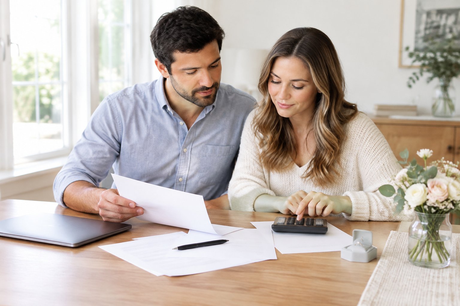 A couple reviews wedding expenses together at a table.