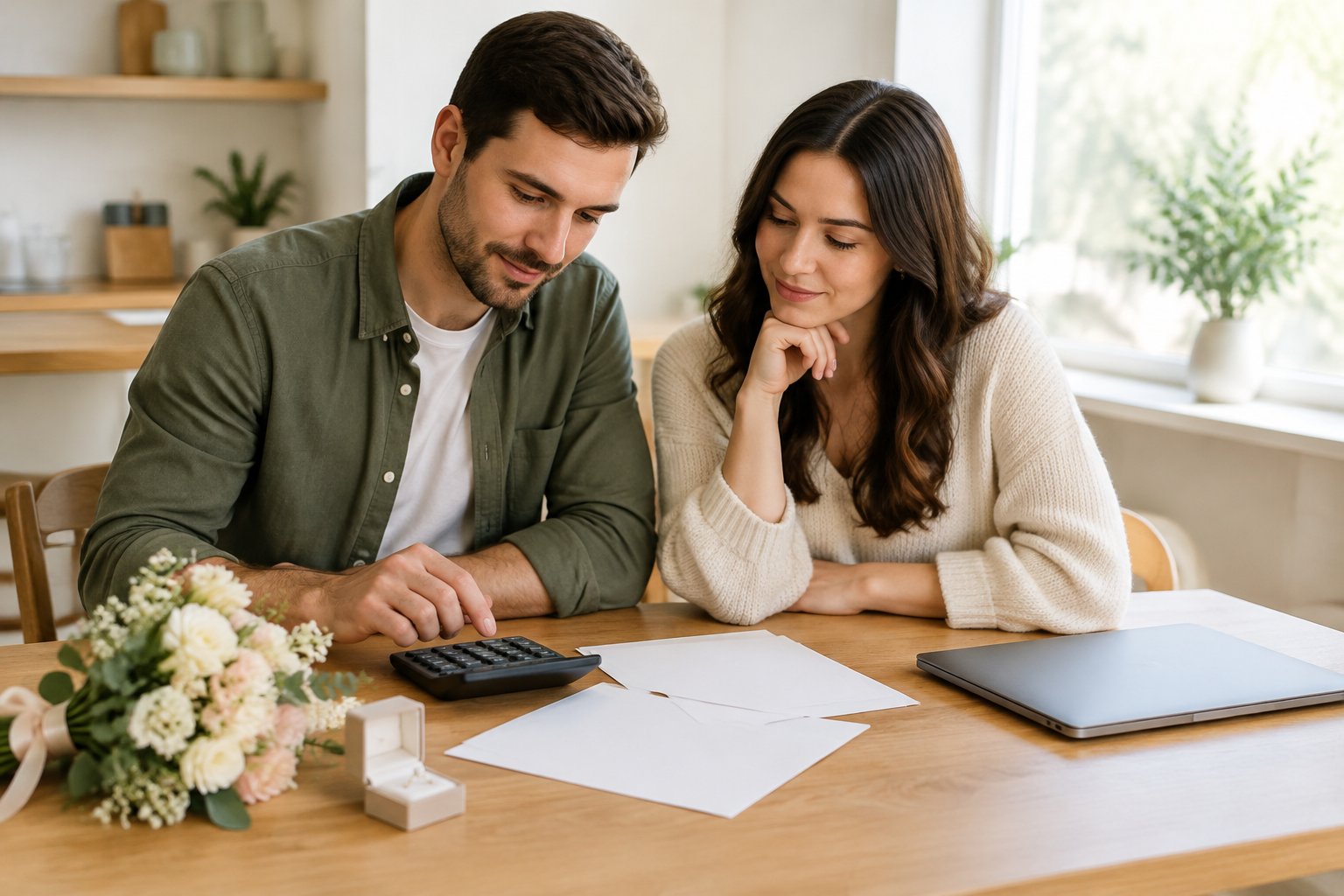 An engaged couple reviews wedding plans and uses a calculator at a table.