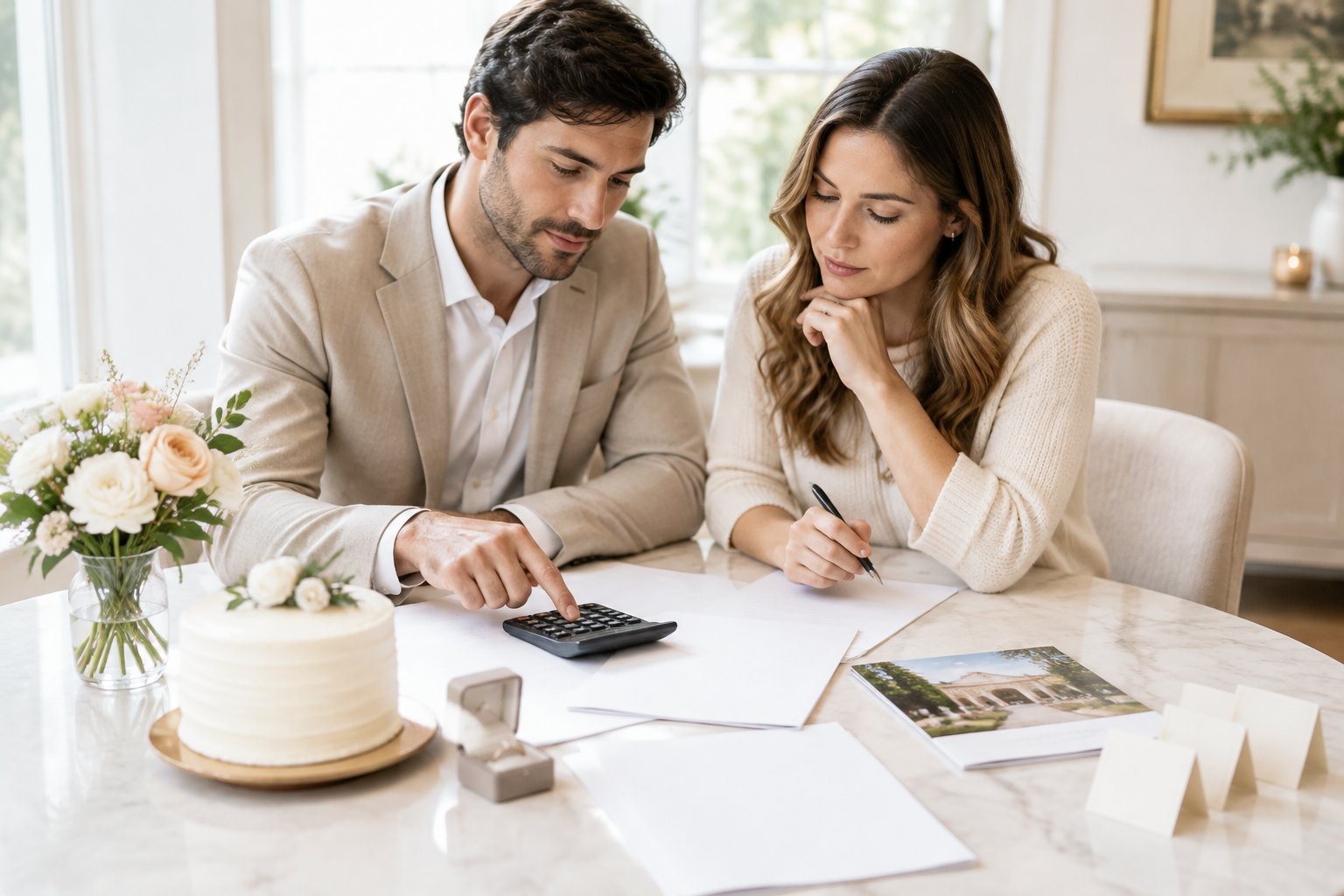 A couple reviews wedding expenses with a calculator and planning materials.