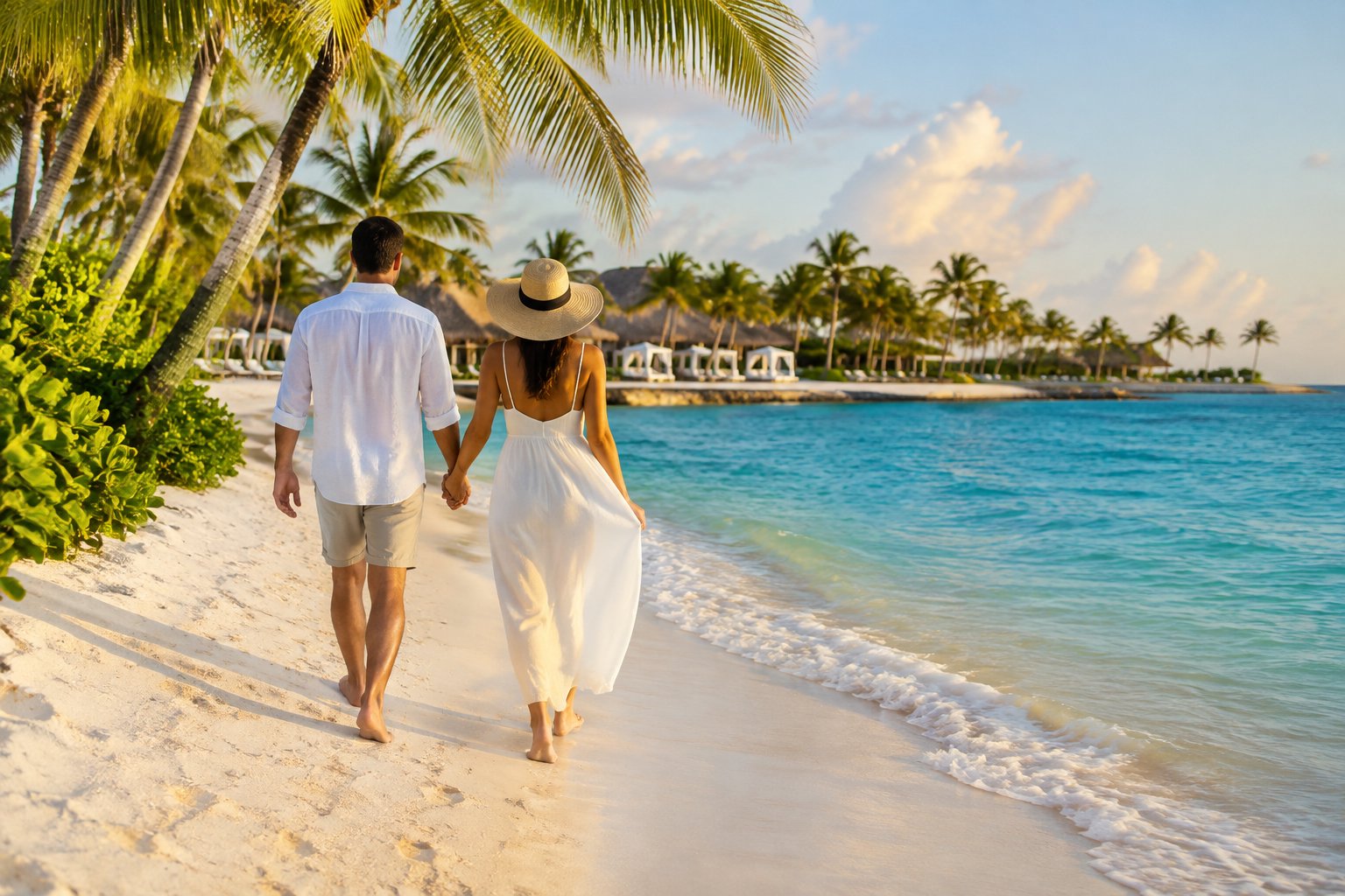 A couple walks along a palm-lined beach at a Punta Cana resort.